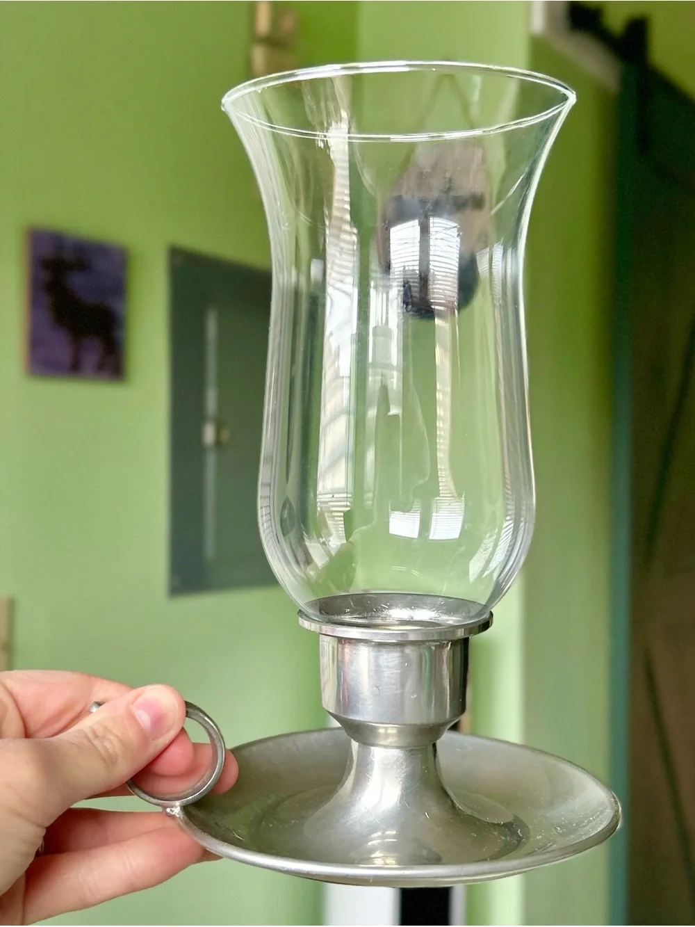 Vintage Glass Hurricane Candle Holder with Chamber Style Handle